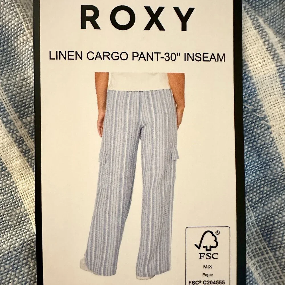 Roxy Women's Linen Blend Cargo Pant Size XS Blue Cottagecore Coastal Boho (NEW)
